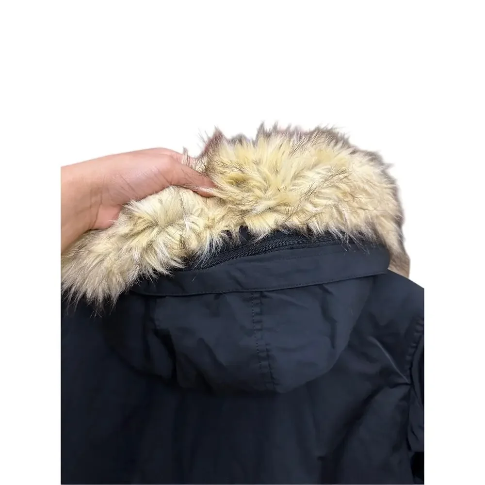 Zara Trafaluc Parka‎ Coat Black Faux Fur Size Small 3427/225/800 Winter